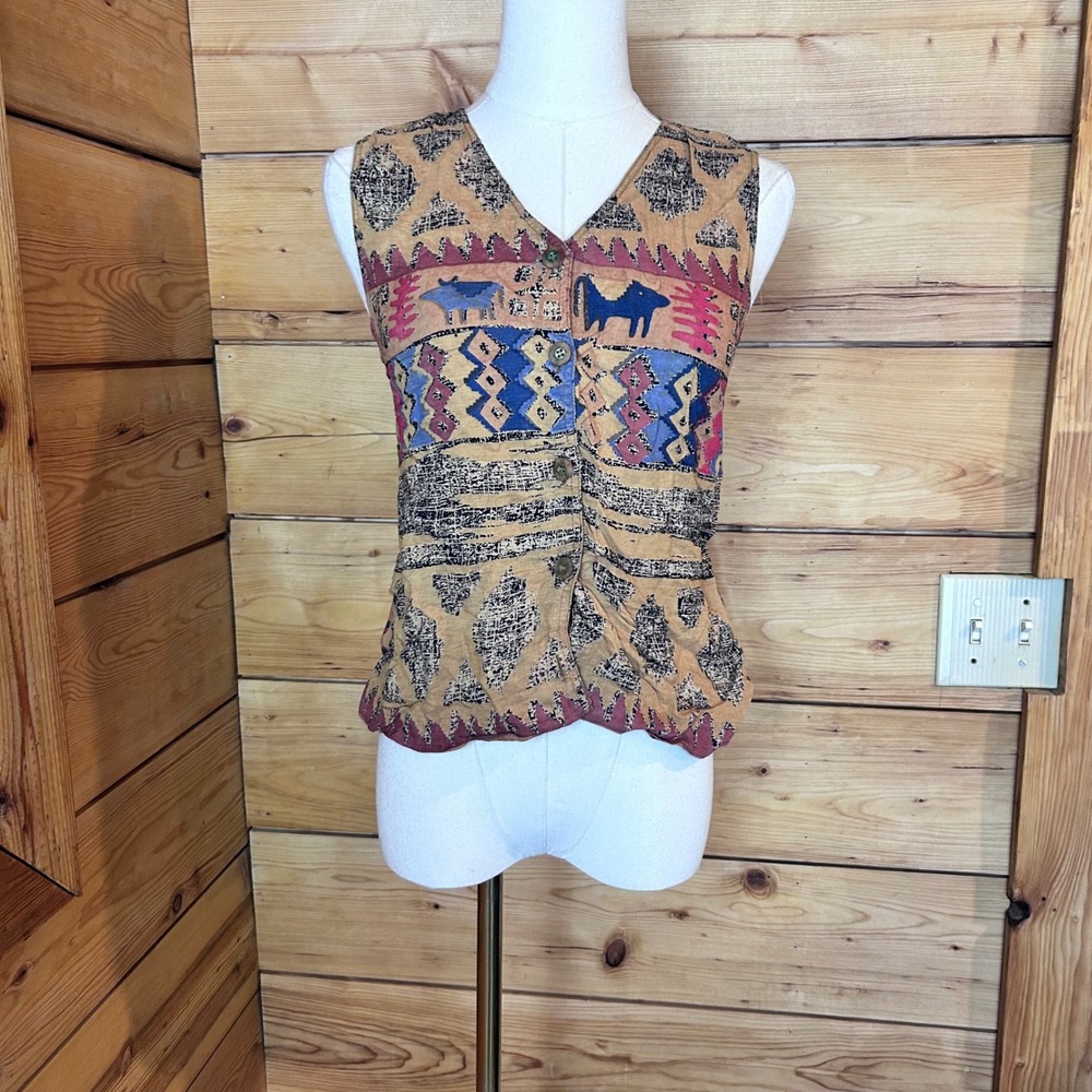 Vintage Novelty Vest Womens Medium Tan Multi Southwestern Horse Tristan & Iseut